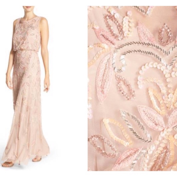 NEW Adrianna Papell Blush Pink Floral Beaded Mesh Illusion Blouson Gown  Size 4P - Picture 2 of 9